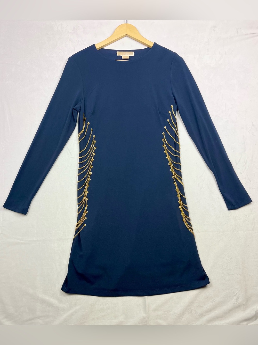 Michael Michael Kors Navy Chain Detail Sheath Dress Long Sleeve Size Small